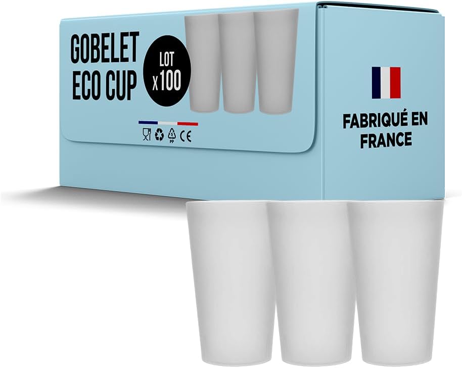 Lot de 100 Gobelets Réutilisables ECOCUP 50cl (60cl ras bord) - Gobelet Réutilisable en Polypropylène,Prise en Main facile, Gobelet Eco Cup pour tout évènement